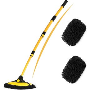56.7" Car Wash Brush Mop Kit Microfiber Car Washing Sponge Mitt with Long Handle Car Cleaning Supplies Tools RV Washing Duster Exterior Scratch Free, Chenille Replacement Head Extension Pole