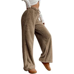 Women's Drawstring High Waisted Fuzzy Pants Cozy Wide Leg Casual Lounge Trousers