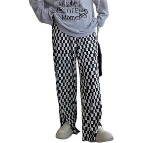 SHENHE Women's Checkered Pants Split Hem Straight Leg Elastic Waist Casual Loose Pants