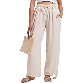 sandbank Women's High-Waisted Wide Leg Pants Drawstring Summer Solid Casual Loose Fitted Beach Pants with Pockets