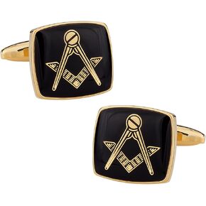 Black Masonic Compass & Set Gold Cufflinks with Presentation Box
