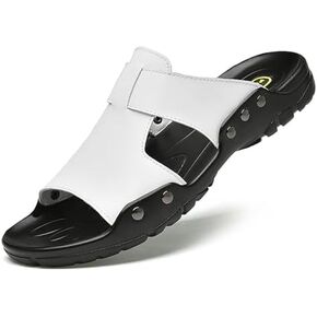 Men's Genuine Leather Rivet Slip On Flat Sandals Classic Retro Round Open Toe Slip On Soft Sole Male Sandals Summer Casual Dressy Sandals