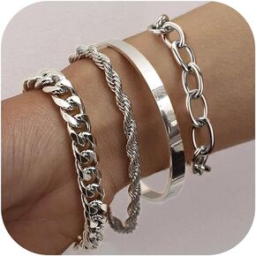 Sanfenly Gold Silver Bracelets for Women Bangle Cuff Link Chain Stackable Stack Bracelets Trendy 14K Gold Plated Stainless Steel Non Tarnish Chunky Bracelets Set Adjustable Stacked Stacking Waterproof Jewelry Bracelets Pack