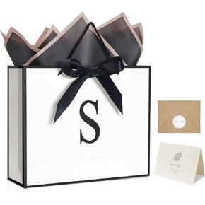 QLSKO Monogrammed Gift Wrap Bag Personalized Initial Paper Bag with Card Matching Envelope Sticker,Bow Ribbon and Wrapping Tissue Birthday Gifts for Women Men(White, M-Medium)