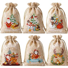 24Pcs Christmas Burlap Gift Bags with Drawstring, 4x6inch Christmas Linen Treat Bags, Goody Gift Bags Small Jute Xmas Candy Bags Reusable Gift Wrapping Bags Xmas Holiday Party Favors Linen Sacks
