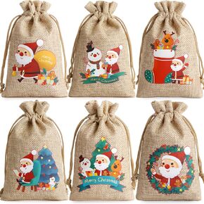 24Pcs Christmas Burlap Gift Bags with Drawstring, 4x6inch Christmas Linen Treat Bags, Goody Gift Bags Small Jute Xmas Candy Bags Reusable Gift Wrapping Bags Xmas Holiday Party Favors Linen Sacks