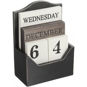 Vintage Wood Block Perpetual Desktop Calendar Rustic Wooden Office Home Desk Decor (Black)