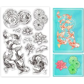 GLOBLELAND Lotus and Koi Fish Clear Stamps for Cards Making Pond Scenery Clear Stamp Seals Transparent Stamps for DIY Scrapbooking Photo Album Journal Home Decoration
