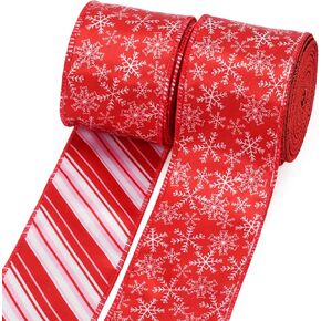 LaRibbons Christmas Wired Ribbon 2.5 inch Double Faced Red and White Cardinal Berry Christmas Ribbon for Tree Garland, Wreath Bow, Xmas Crafts Decorations, 2 Rolls 10 Yards Total