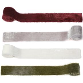 Canlierr 4 Rolls Christmas Velvet Ribbon for Gift Wrapping Fringe Frayed Fabric Ribbon Raw Edge Wired Velvet Ribbon for Wedding Invitations Bridal Bouquet DIY Craft(Elegant Color,2 in X 16 yd)