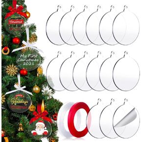 75 Pieces Clear Round Acrylic Blanks Bulk Christmas Tree Ornament 3 Inch Acrylic Discs Ornament with Ribbons for DIY Craft Hanging Tag