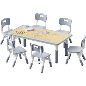 Brelley Kids Table and 6 Chairs Set, Height Adjustable Toddler Table and Chair Set, Graffiti Desktop, Classroom/Daycare/Home, Children Multi-Activity Table for Ages 2-8