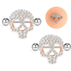 14G Skull Nipple Piercing Jewelry for Halloween, Spooky Nipple Rings Surgical Steel for Men and Women, Rose Gold Nipple Shields Barbell Rings