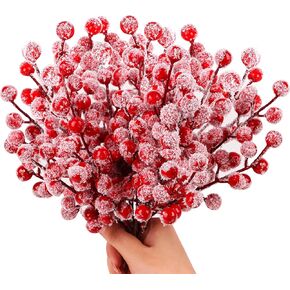 FOIMAS Snow Frosted Artificial Red Berry Stems,24 Pack Christmas Berry Spray Picks Holly Berries Branches for Christmas Tree DIY Craft Home Decoration