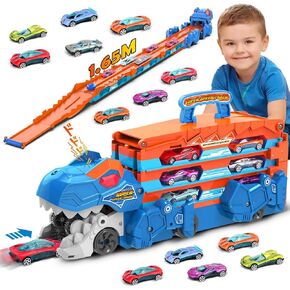 VATOS Toddler Truck Car Toy - Ejection Folding Dinosaur Track Car Toys, Portable Truck Car Toy with 8 Race Cars, Best Gift Toy Cars Set for Toddlers 3 4 5 6 7 Years Old