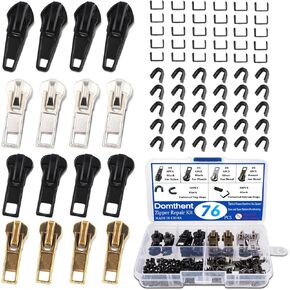 Domthent Zipper Repair Kit,#5 Zipper Pull Replacement,76pcs Fix a Zipper Repair Kit Including Automatic Lock Zippers Pull,Bottom Stop and Top Stop for Repairing Jackets,Coats,Boot,Backpacks,etc (76)