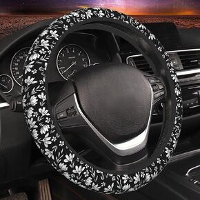 Strawberry and Flower Steering Wheel Cover Anti-Slip Car Accessories Absorbing Sweat Breathable Steering Wheel Protector for Men Women Girls Universal 15 Inch Car Interior Decor