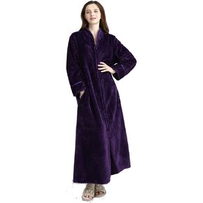 Women's Zip Front Bathrobe Premium Flannel Fleece Plush Caftan Soft Long Robe Warm Housecoat