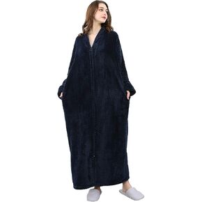 Women's Zip Front Bathrobe Premium Flannel Fleece Plush Caftan Soft Long Robe Warm Housecoat