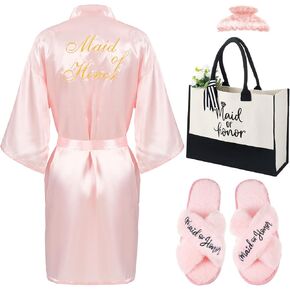 JenPen 4 Pcs Maid of Honor Gifts Set Maid of Honor Robe with Slippers Tote Bag Claw Clip Proposal Gift for Bridesmaid Wedding Bachelorette Party