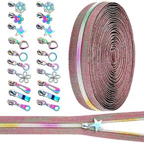 Elesunory #5 Zippers for Sewing, 9.84 Yards Zippers by The Yard, Nylon Rainbow Zipper Tape with 20 Pcs 10 Style of Rainbow Zipper Pull, Zippers for DIY Sewing Products