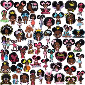 Tigeen 48 Pcs Chenille Iron on Patches, Iron on Hat Patches Bulk Embroidered Patches for Hats Clothes Cute Repair Patches Kit Sew on Applique DIY Accessory for Backpack Pants Jeans(Black Girls)