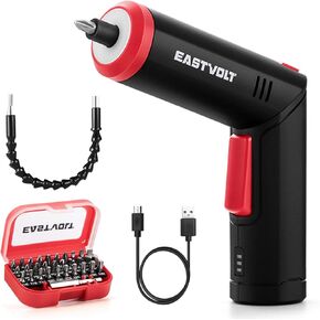 Eastvolt 4V Cordless Screwdriver, 6N.mElectric Screwdriver Rechargeable with 90 degree rotary handle, LED light and USB charging, Extension Rod, 32 pieces Accessories
