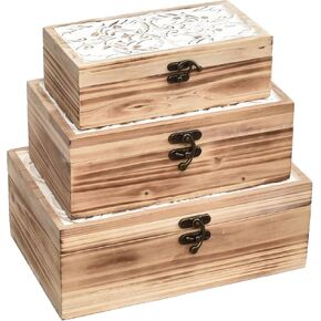 DECOR4SEASON Decorative Wooden Box with Hinged Lid - Timeless Carved Floral Storage for Rustic Farmhouse Decor, Set of 2