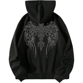SHENHE Men's Zip Up Hoodie Wings Cross Print Graphic Goth Hoodie Sweatshirt with Pockets