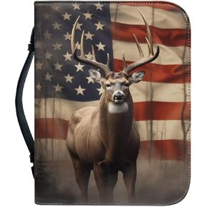 Poceacles Faux Leather Bible Cover for Men Boys Women Girls Retro USA Flag Deer Design Christian Bible Case with Handle Carrying Book Case Protector Bible Tote Handbag Gifts, L