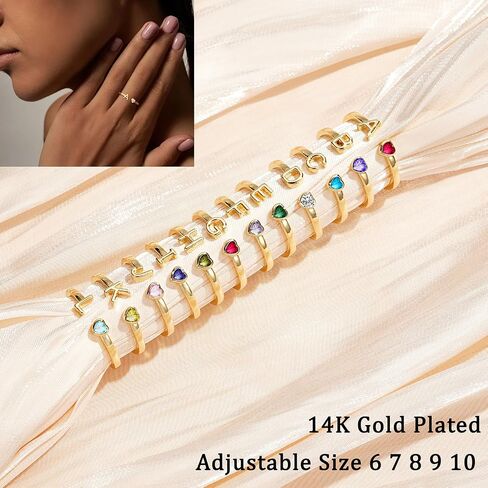 Initial Rings for Women Teen 𝐆𝐢𝐫𝐥𝐬 14K Gold Plated Birthstone Rings Stackable Dainty Letter Rings Birthday Birthstone Jewelry Gifts for Mother Daughter,Adjustable Size 5-10 in Kuwait