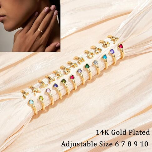 Initial Rings for Women Teen 𝐆𝐢𝐫𝐥𝐬 14K Gold Plated Birthstone Rings Stackable Dainty Letter Rings Birthday Birthstone Jewelry Gifts for Mother Daughter,Adjustable Size 5-10 in Kuwait