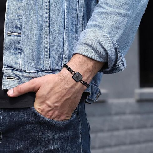 Initial Bracelet Gold/Silver/Black Squre A-Z Letter Cuban Link Chain Mens Bracelets Adjustable Size Stainless Steel Men Jewelry Gifts for Husband Dad Brother Son in Kuwait