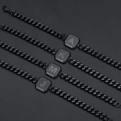 Initial Bracelet Gold/Silver/Black Squre A-Z Letter Cuban Link Chain Mens Bracelets Adjustable Size Stainless Steel Men Jewelry Gifts for Husband Dad Brother Son in Kuwait
