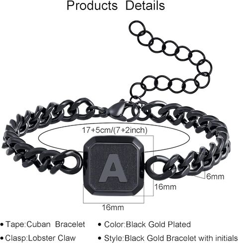 Initial Bracelet Gold/Silver/Black Squre A-Z Letter Cuban Link Chain Mens Bracelets Adjustable Size Stainless Steel Men Jewelry Gifts for Husband Dad Brother Son in Kuwait