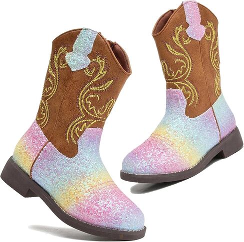 DADAWEN Kids Glitter Square Toe Cowgirl Boots Cowboy Western Boots Boys Girls Mid Calf Riding Shoes With Side Zipper in Saudi Arabia