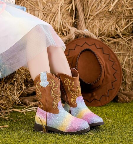 DADAWEN Kids Glitter Square Toe Cowgirl Boots Cowboy Western Boots Boys Girls Mid Calf Riding Shoes With Side Zipper in Saudi Arabia