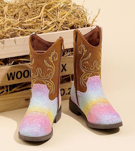DADAWEN Kids Glitter Square Toe Cowgirl Boots Cowboy Western Boots Boys Girls Mid Calf Riding Shoes With Side Zipper in Saudi Arabia