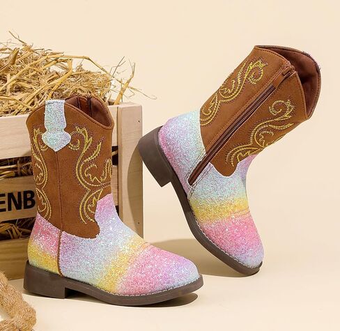 DADAWEN Kids Glitter Square Toe Cowgirl Boots Cowboy Western Boots Boys Girls Mid Calf Riding Shoes With Side Zipper in Saudi Arabia