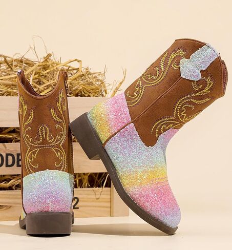 DADAWEN Kids Glitter Square Toe Cowgirl Boots Cowboy Western Boots Boys Girls Mid Calf Riding Shoes With Side Zipper in Saudi Arabia