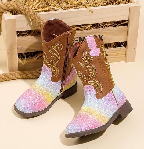 DADAWEN Kids Glitter Square Toe Cowgirl Boots Cowboy Western Boots Boys Girls Mid Calf Riding Shoes With Side Zipper in Saudi Arabia