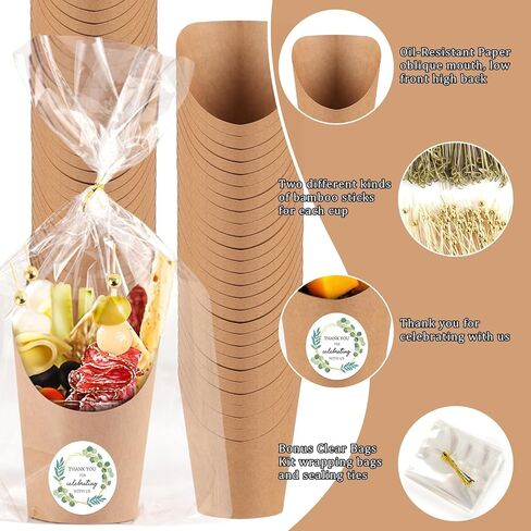 100 مجموعة من أكواب الفحم للاستعمال مرة واحدة سعة 14 أونصة من YLOLUL مع العصي والحقائب والملصقات وأعواد الكوكتيل، صناديق الوجبات الخفيفة من ورق الكرافت البني لاستحمام الطفل (100 كوب + 100 كيس + 100 ملصق + 400 اختيار) in Kuwait
