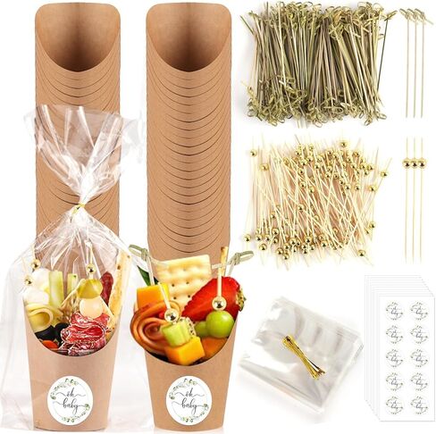 YLOLUL 100 Sets 14 Oz Disposable Charcuterie Cups with Sticks,Bags,Stickers and Cocktail Picks Brown Kraft Paper Snack Boxes for Baby Shower(100Cups+100 Bags+100 Stickers +400 Picks) in Saudi Arabia