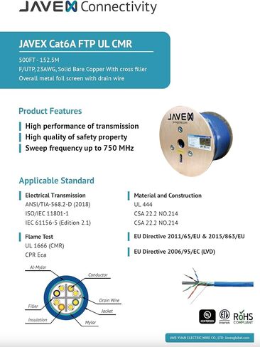 JAVEX CAT 6A Riser CMR Ethernet Cable 500FT Shielded FTP [UL Listed], Blue in Saudi Arabia