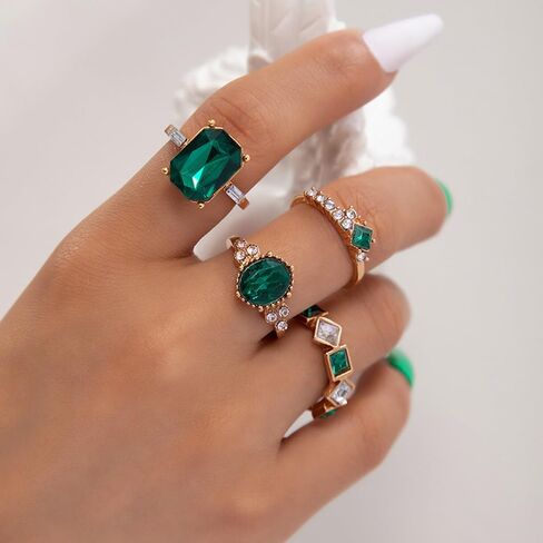 CHAKRA HEALING REIKI CHR 4PCS Crystal Knuckle Rings for Women Geometric Circular Stackable Rings Rectangular Knuckle Rings Set With Elliptical Imitation Gemstone Zircon Stacking Finger Rings in Kuwait