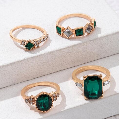 CHAKRA HEALING REIKI CHR 4PCS Crystal Knuckle Rings for Women Geometric Circular Stackable Rings Rectangular Knuckle Rings Set With Elliptical Imitation Gemstone Zircon Stacking Finger Rings in Kuwait