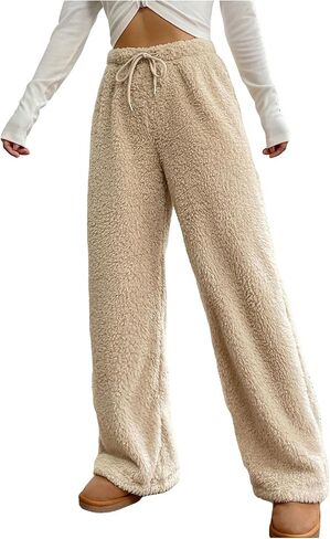 Women's Drawstring High Waisted Fuzzy Pants Cozy Wide Leg Casual Lounge Trousers in Saudi Arabia