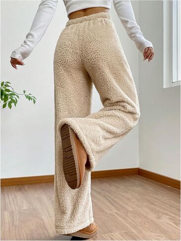 Women's Drawstring High Waisted Fuzzy Pants Cozy Wide Leg Casual Lounge Trousers in Saudi Arabia