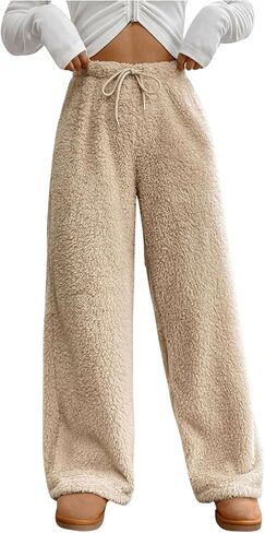 Women's Drawstring High Waisted Fuzzy Pants Cozy Wide Leg Casual Lounge Trousers in Saudi Arabia