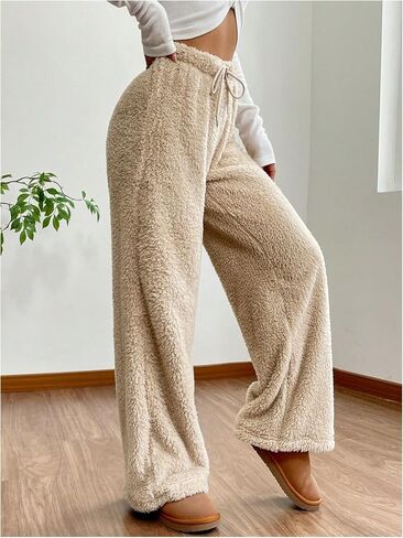 Women's Drawstring High Waisted Fuzzy Pants Cozy Wide Leg Casual Lounge Trousers in Saudi Arabia